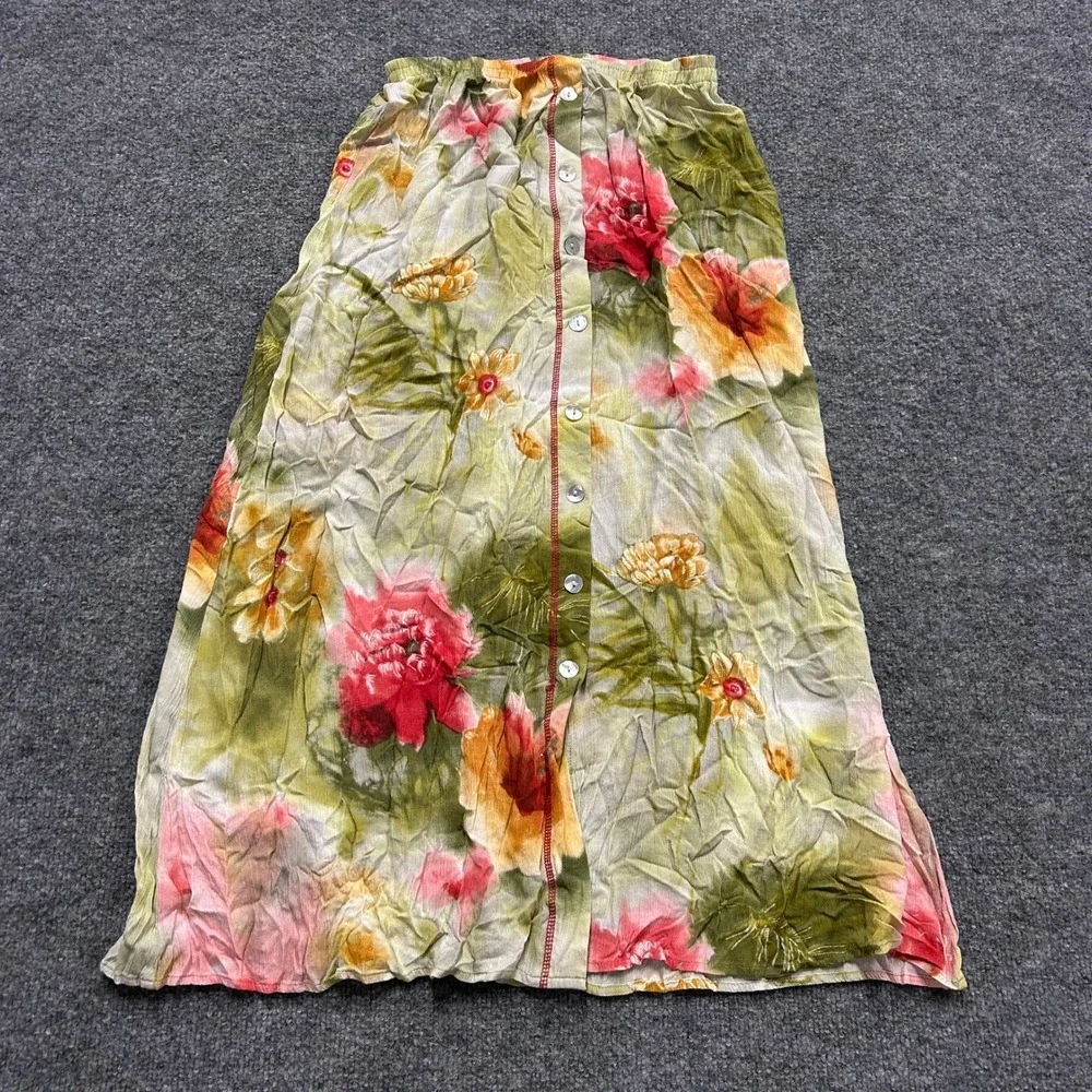 Unbranded Maxi Skirt Womens Size L Floral Green Red Button Front Elastic Waist